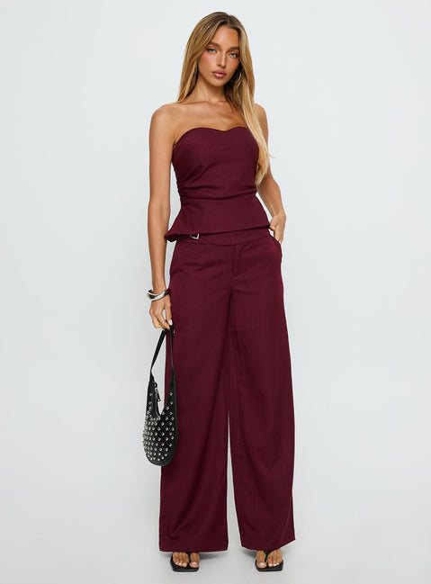 front view of model wearing Princess Polly Jinny Relaxed Buckle Tailored Pants Berry Pinstripe Low Rise Pants 