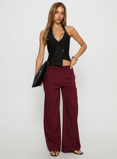front view of model wearing Princess Polly Jaysa Baggy Wide Leg Pant Burgundy Pinstripe Mid Rise Pants Pants 