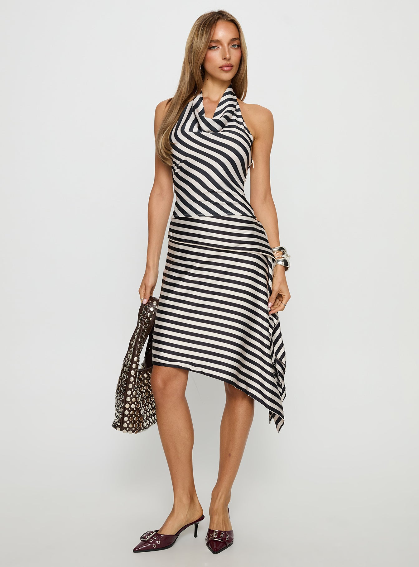   front view of model wearing Princess Polly Allure Midi Skirt Noir Stripe Midi Skirts 
