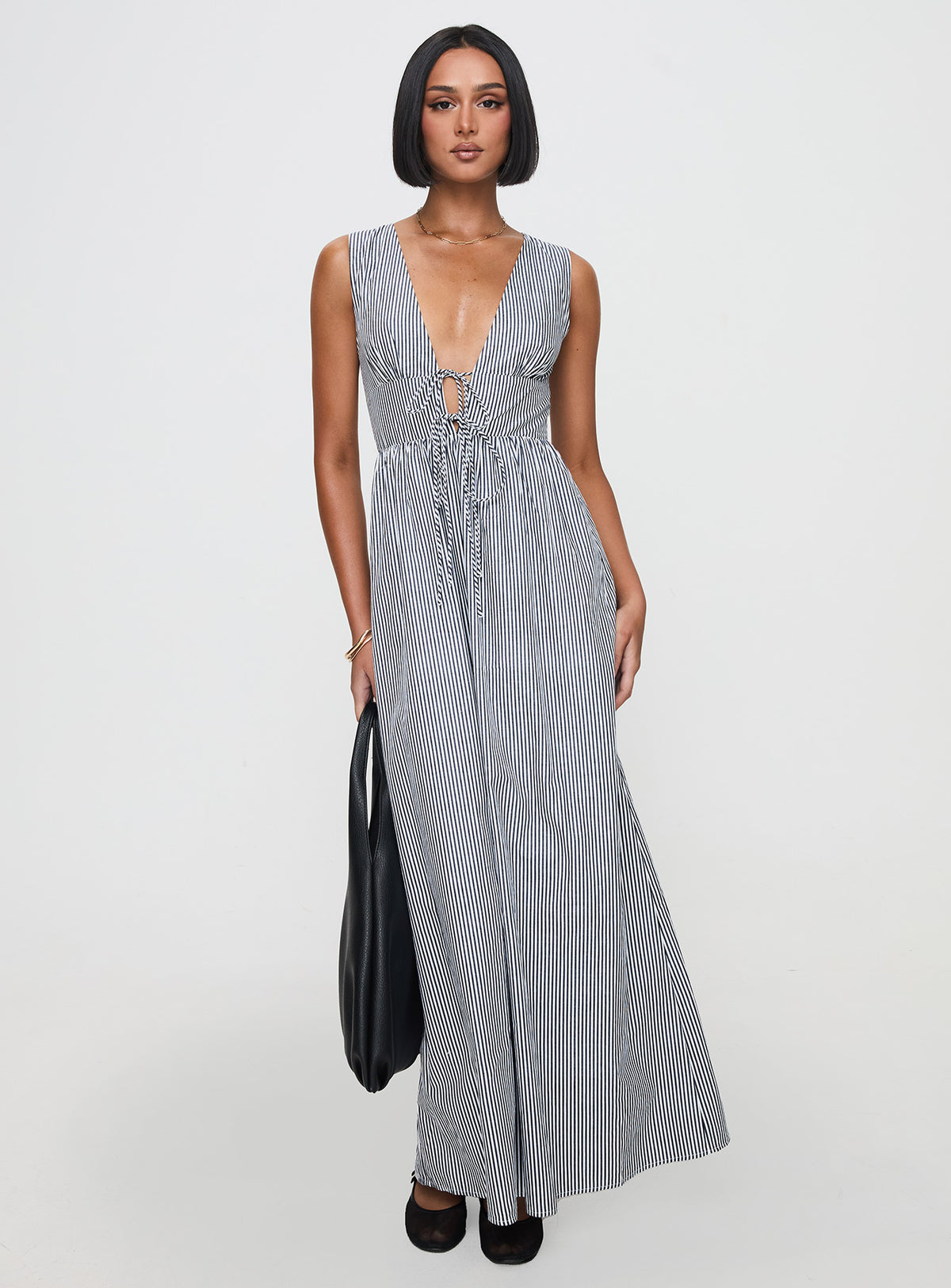 front view of model wearing Princess Polly Pokey Maxi Dress Black / White Stripe Plunger 