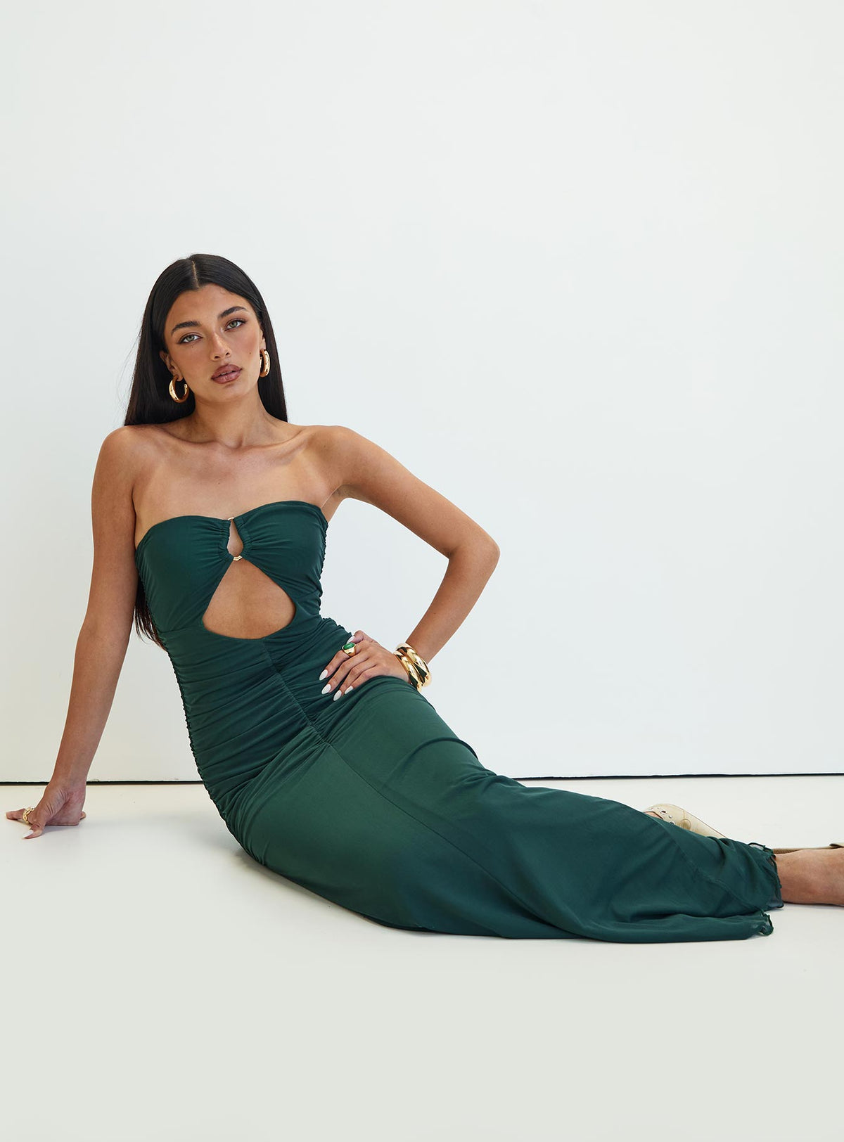 back view of model wearing Princess Polly Gomeza Strapless Cut Out Maxi Dress Dark Green Straight Neck 