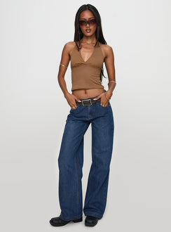 front view of model wearing Princess Polly Everlong Jean Dark Blue Wash Mid Rise 