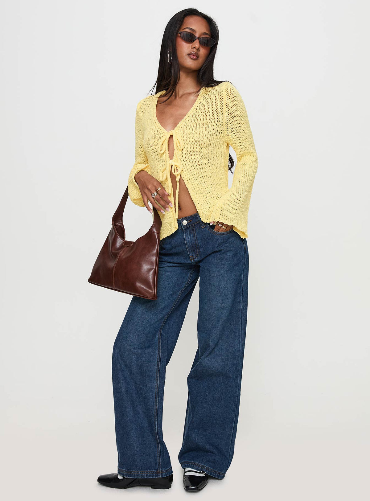 front view of model wearing Princess Polly Swain Knit Cardigan Lemon 