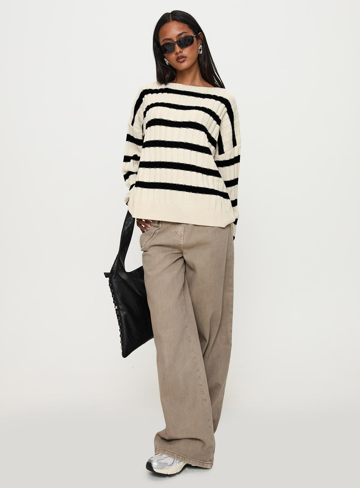 back view of model wearing Princess Polly Elenita Wide Neck Knit Sweater Black / White Long 
