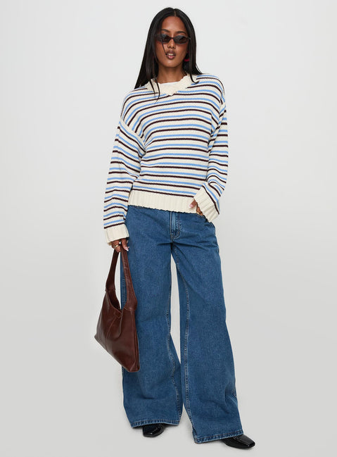 front view of model wearing Princess Polly Karolyn Sweater Blue Stripe Long 