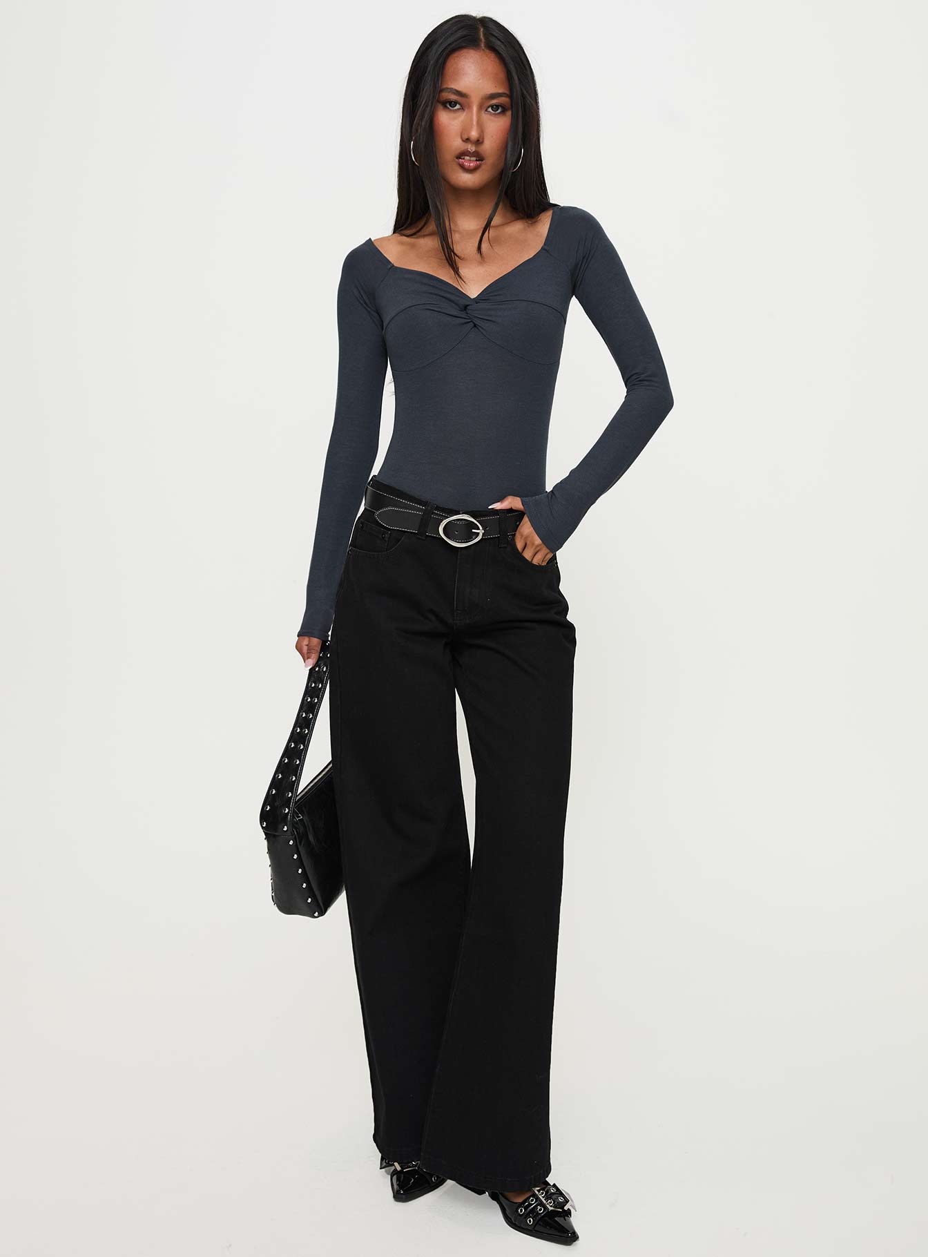 front view of model wearing Princess Polly Colemane Mid Rise Denim Jeans Black High Waisted 