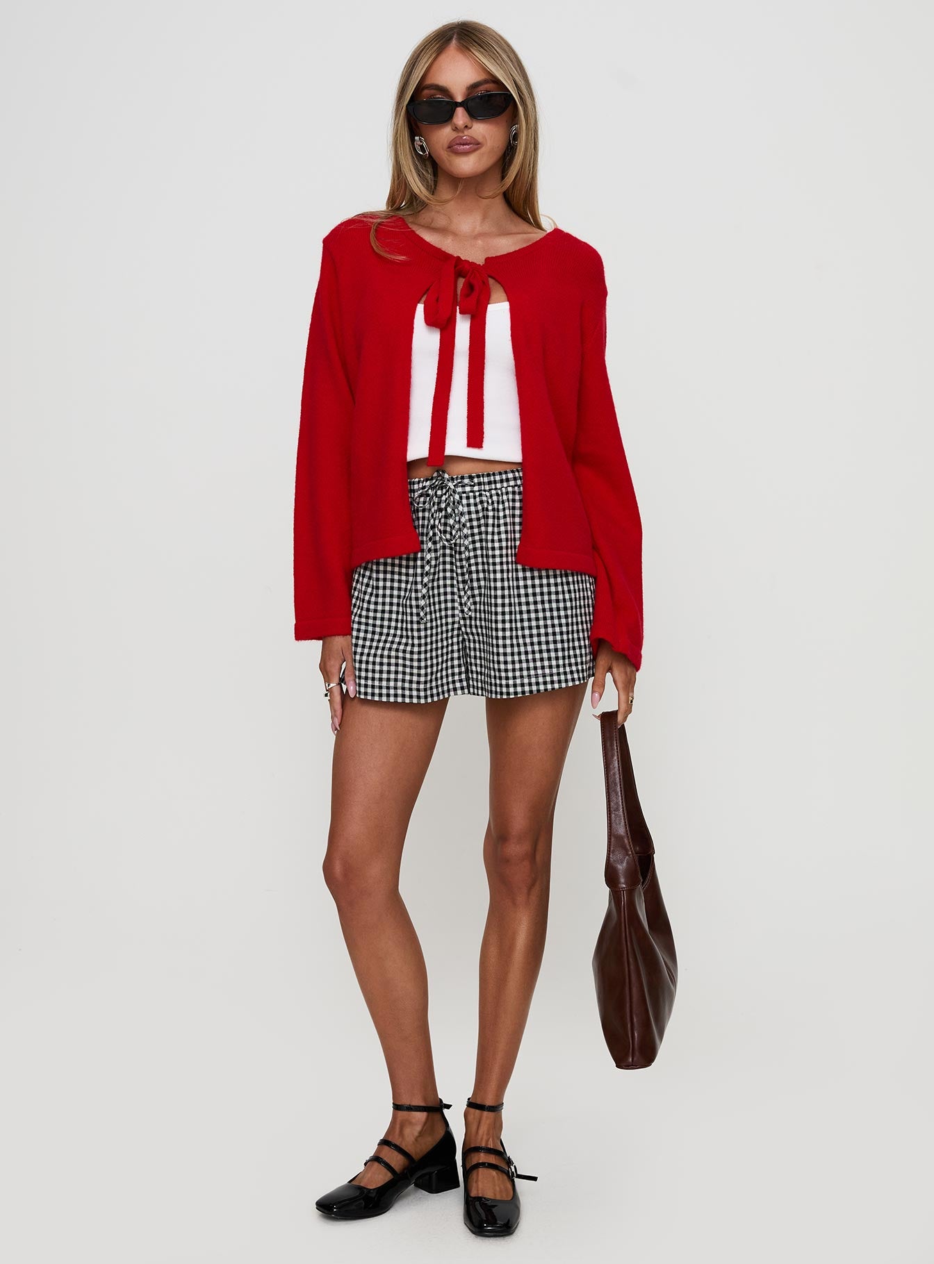 front view of model wearing Princess Polly Norine Tie Up Knit Sweater Red Cropped 