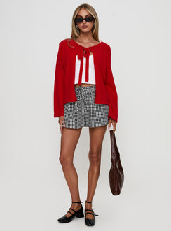 front view of model wearing Princess Polly Norine Tie Up Knit Sweater Red Cropped 
