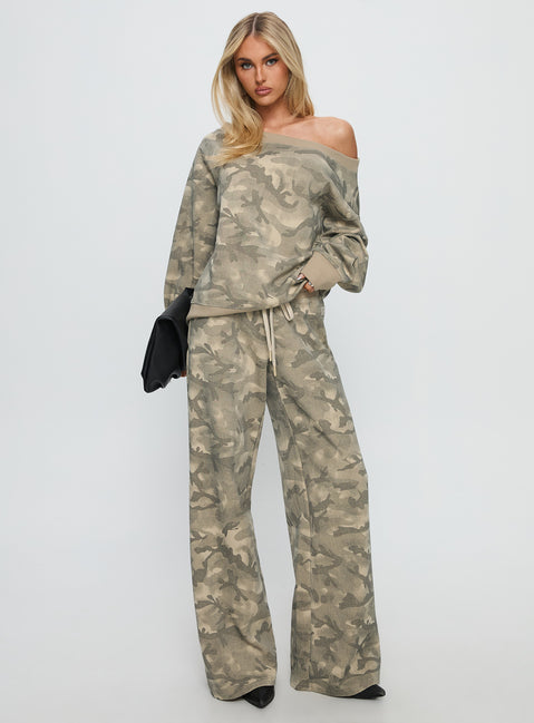side view of model wearing Princess Polly Wellness Off The Shoulder Jumper Washed Camo 