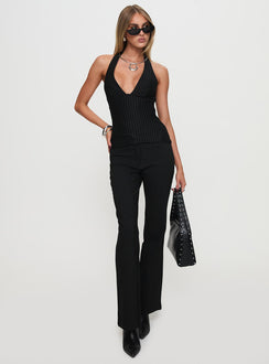 front view of model wearing Princess Polly Heartbound Halter Top Black Sleeveless Plunger 