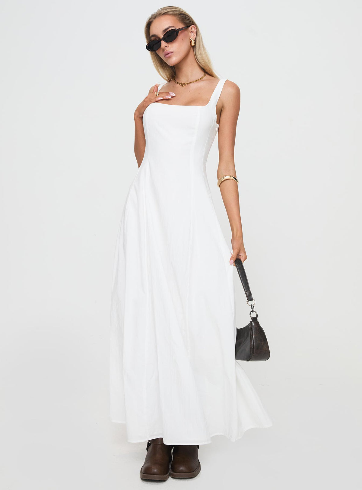 side view of model wearing Princess Polly You Can Maxi Dress White Petite Square Neck 