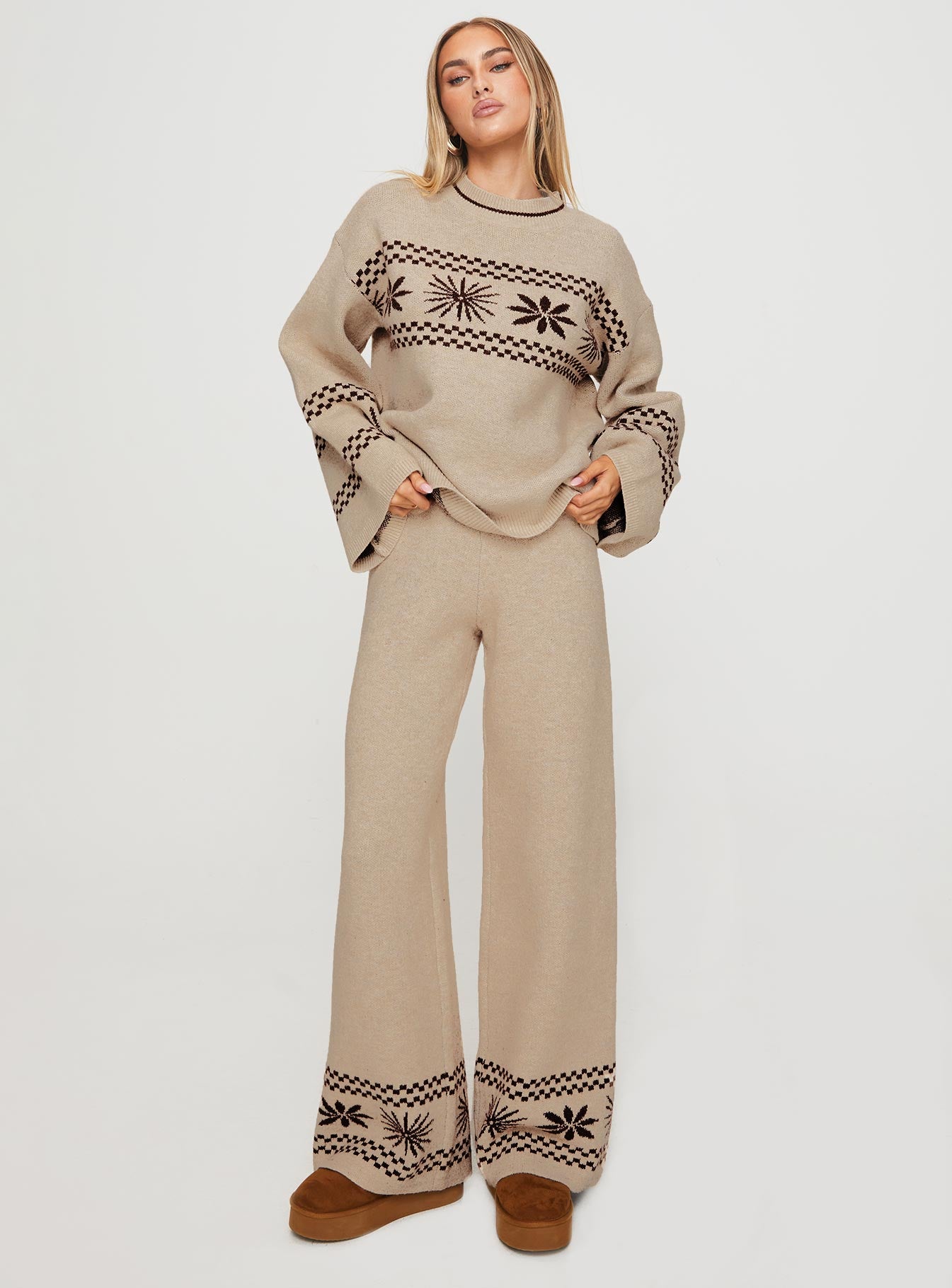 front view of model wearing Princess Polly Anok Star Pants Brown / Cream High Waisted Pants 