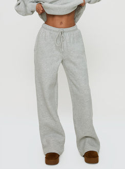 side view of model wearing Princess Polly Princess Polly Wide Leg Track Pant Bubble Text Grey Marle / Green Pants 