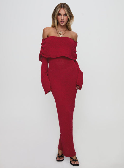 side view of model wearing Princess Polly Aleyah Long Sleeve Maxi Dress Burgundy Straight Neck 
