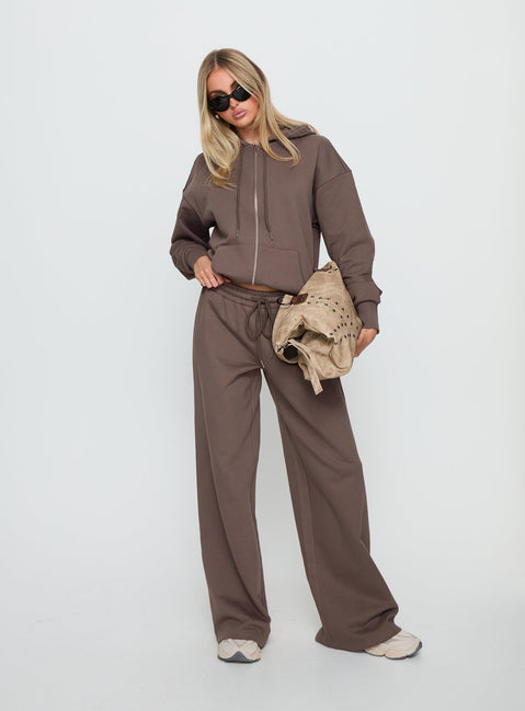 side view of model wearing Princess Polly All Day Straight Leg Sweatpants Mocha Mid Rise Pants 
