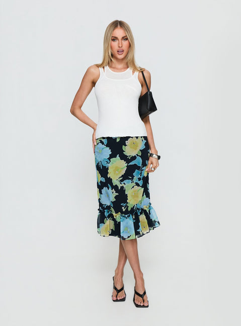   front view of model wearing Princess Polly Tarla Midi Skirt Crystal Black Flower Midi Skirts 