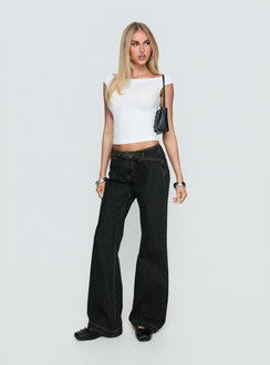 side view of model wearing Princess Polly Slow Ride Mid Rise Bootleg Belted Jeans Grunge Wash Mid Rise Jeans 