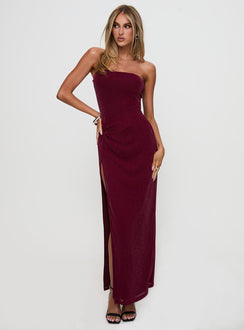 front view of model wearing Princess Polly Jeniva Straplesss Maxi Dress Plum Straight Neck 