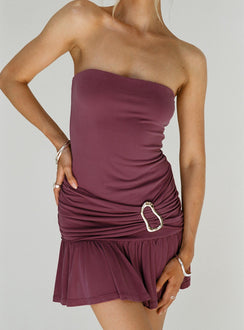 side view of model wearing Princess Polly Love Lingers Strapless Mini Dress Burgundy Straight Neck 