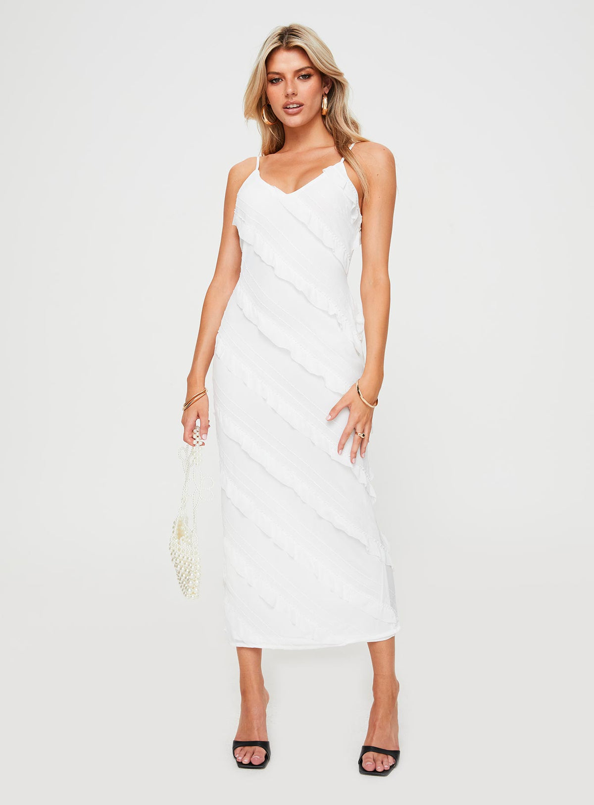 front view of model wearing Princess Polly Lars Maxi Dress White Scoop Neck 
