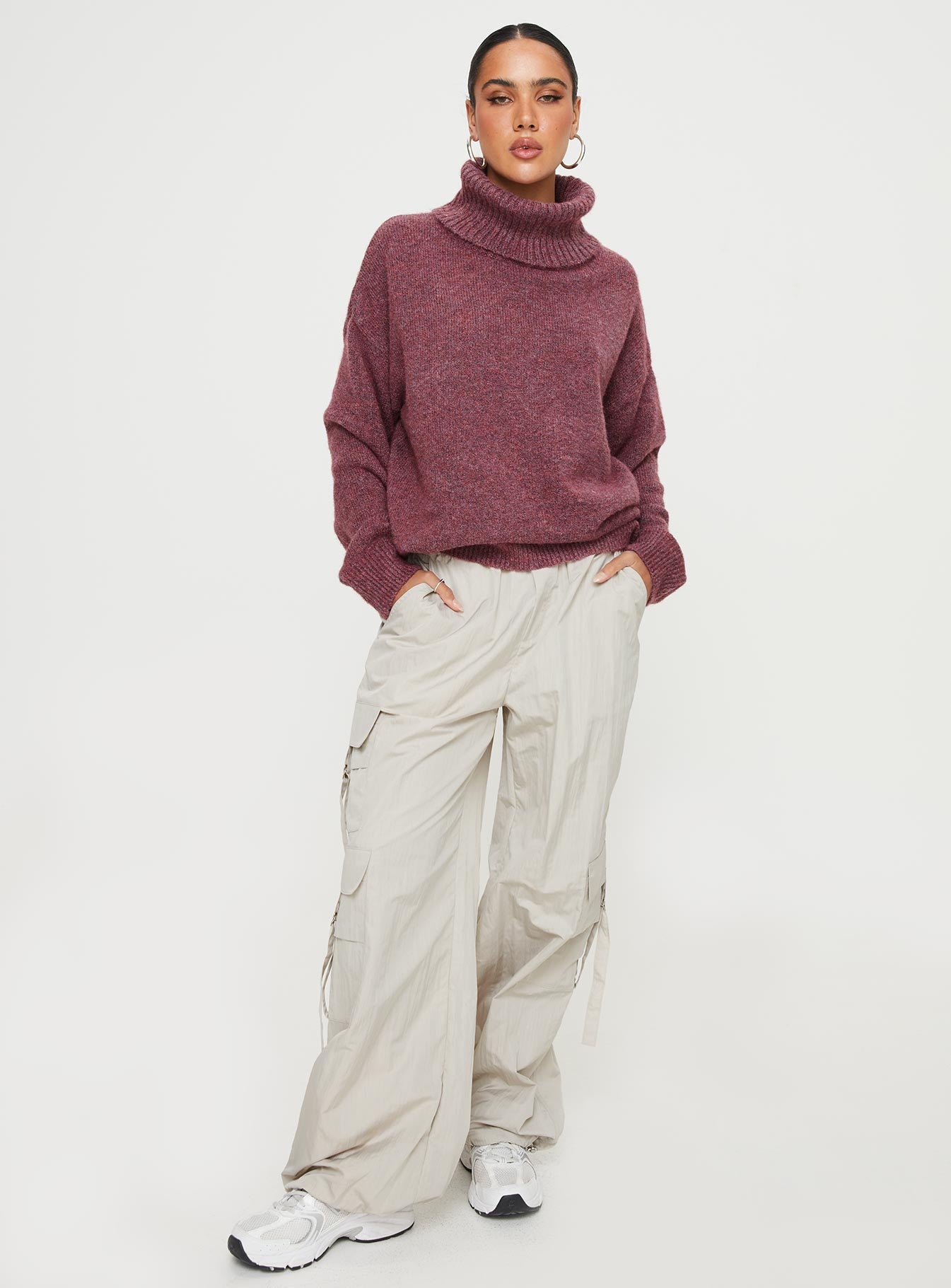 front view of model wearing Princess Polly Oswin Turtleneck Sweater Burgundy Jumpers 