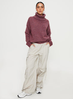 front view of model wearing Princess Polly Oswin Turtleneck Sweater Burgundy Jumpers 