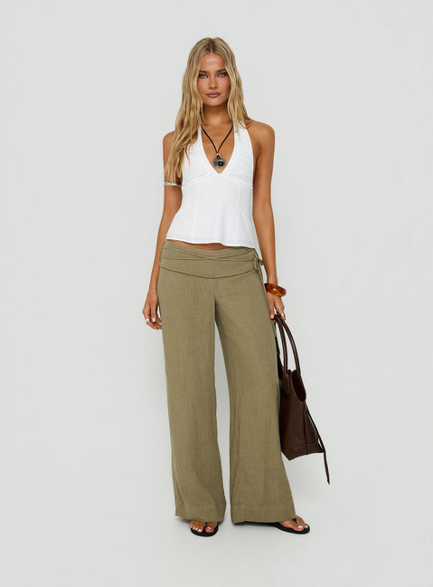 Designed with Silver Moon Linen Blend Tie Pants Olive Green womens-regular-pants featuring high-rise on-body view of model wearing Princess Polly