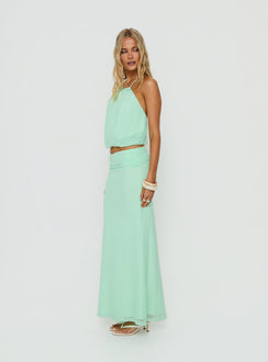Discover the Wild Dune Ruched Waist Maxi Skirt Green womens-skirts in maxi length side view of model wearing Princess Polly