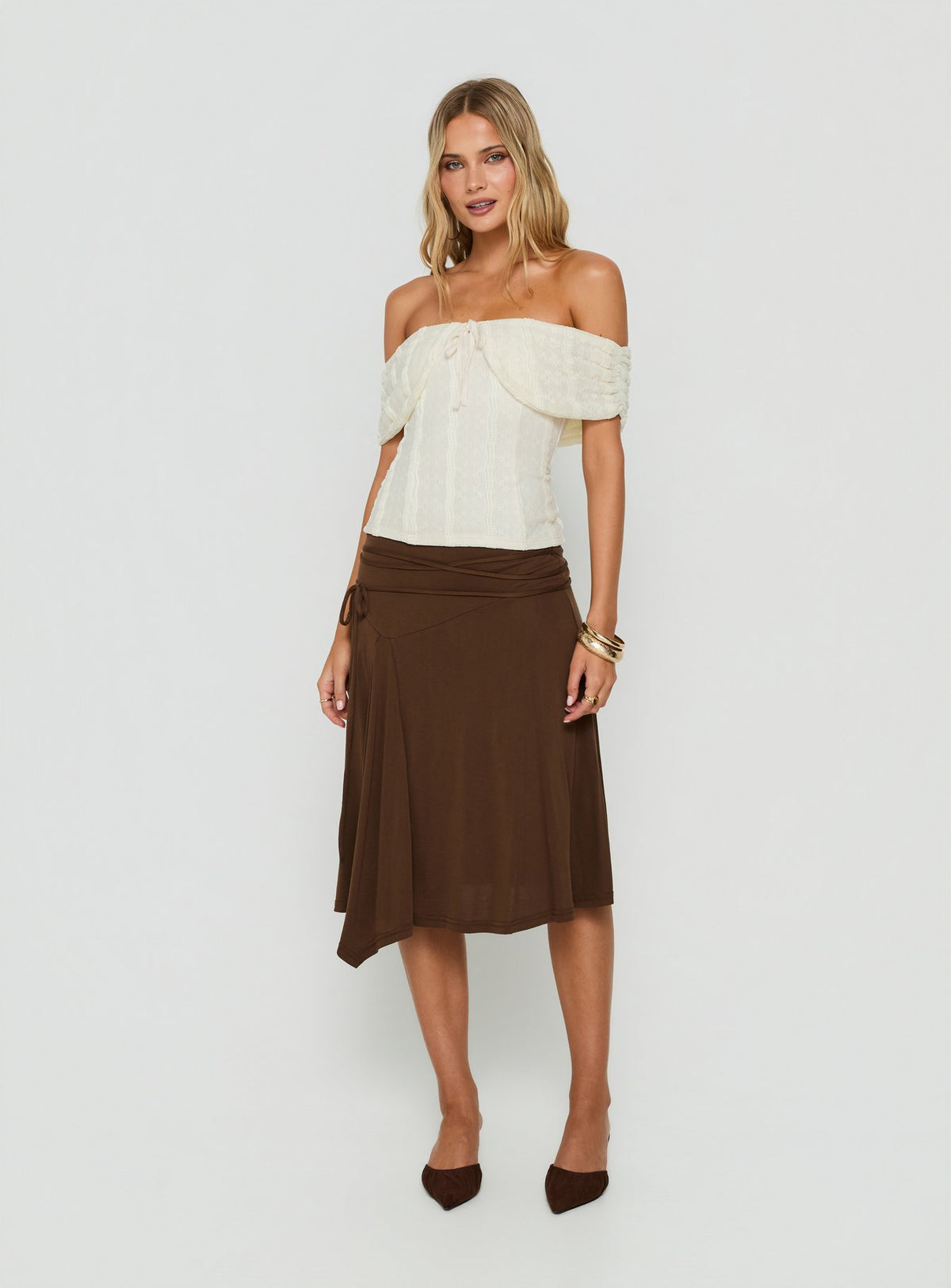 Joaney Tie Side Jersey Midi Skirt Chocolate