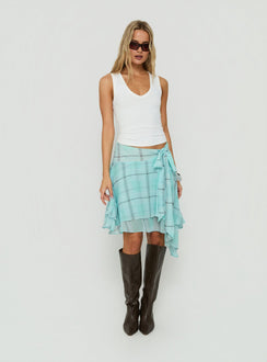 Adorned with the Ophella Tie Waist Chiffon Midi Skirt Aqua Check in womens-skirts featuring midi length detail Princess Polly
