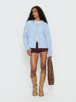 front view of model wearing Princess Polly Lexene Zip Through Jumper Baby Blue Longline Jumpers 