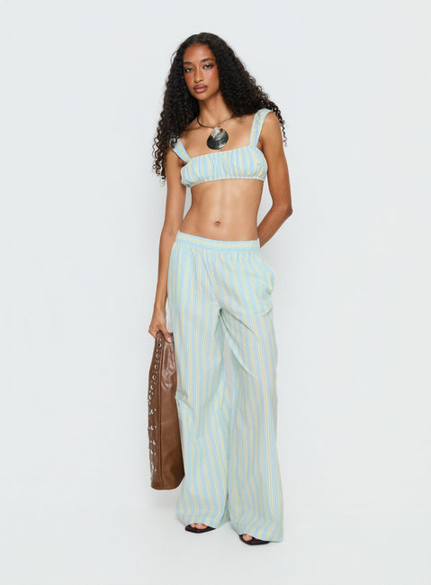 side view of model wearing Princess Polly Talyssa Elasticated Waist Pants Blue Stripe Mid Rise Pants Pants 