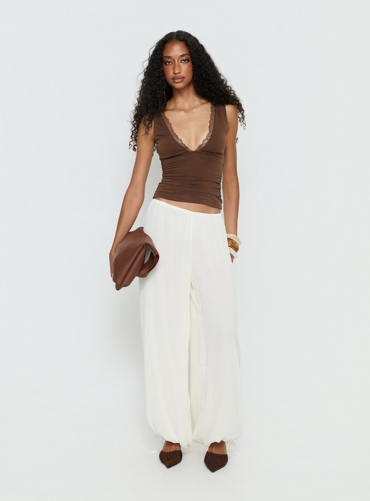 front view of model wearing Princess Polly Moondancer Balloon Pants Cream Mid Rise Pants 