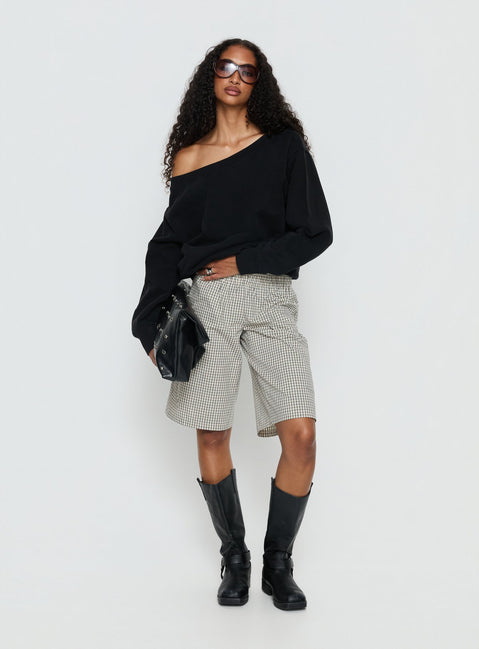 side view of model wearing Princess Polly Wellness Off the Shoulder Jumper Washed Black Longline Jumpers 
