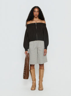 back view of model wearing Princess Polly Ortensa Off Shoulder Zip Through Jumper Brown 