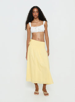   front view of model wearing Princess Polly Vence Ruched Maxi Skirt Lemon Yellow Maxi Skirts 