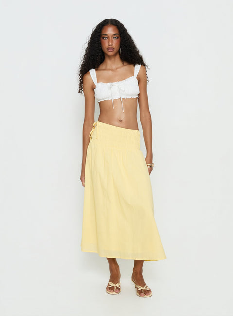   front view of model wearing Princess Polly Vence Ruched Maxi Skirt Lemon Yellow Maxi Skirts 