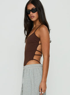 Crafted with the All Tied Up Bodysuit Brown womens-bodysuit featuring sleeveless construction side view of model wearing Princess Polly