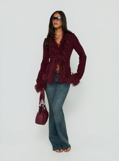 Introducing the Brynlie Faux Fur Trim Boxy Cardigan Burgundy womens jumper with short length front view of model wearing Princess Polly