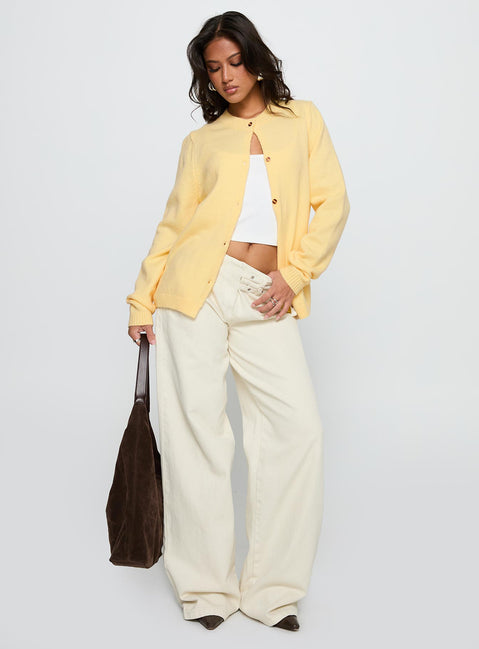 front view of model wearing Princess Polly Arica Button Up Knit Cardigan Lemon Longline Jumpers 