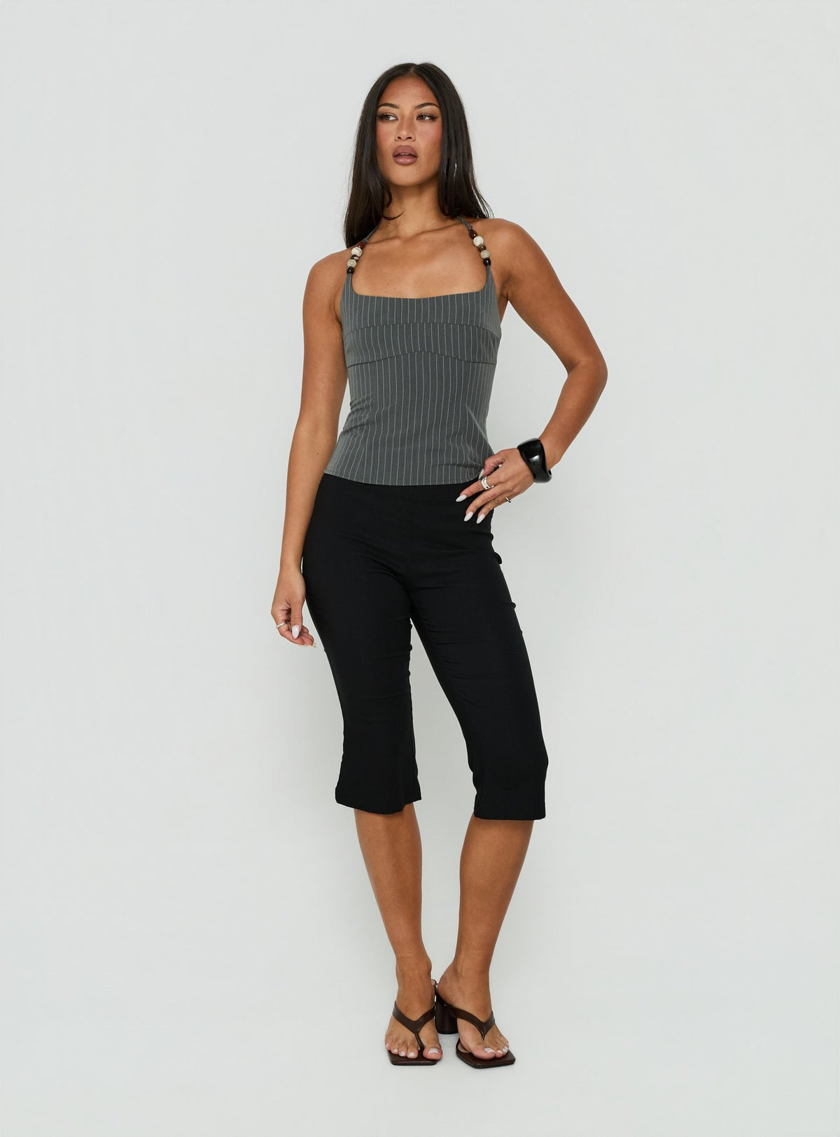 Cherise Bead Detail Top Charcoal Pinstripe