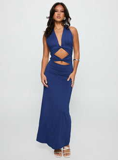 front view of model wearing Princess Polly Labour Of Love Halter Maxi Dress Cobalt Plunger 