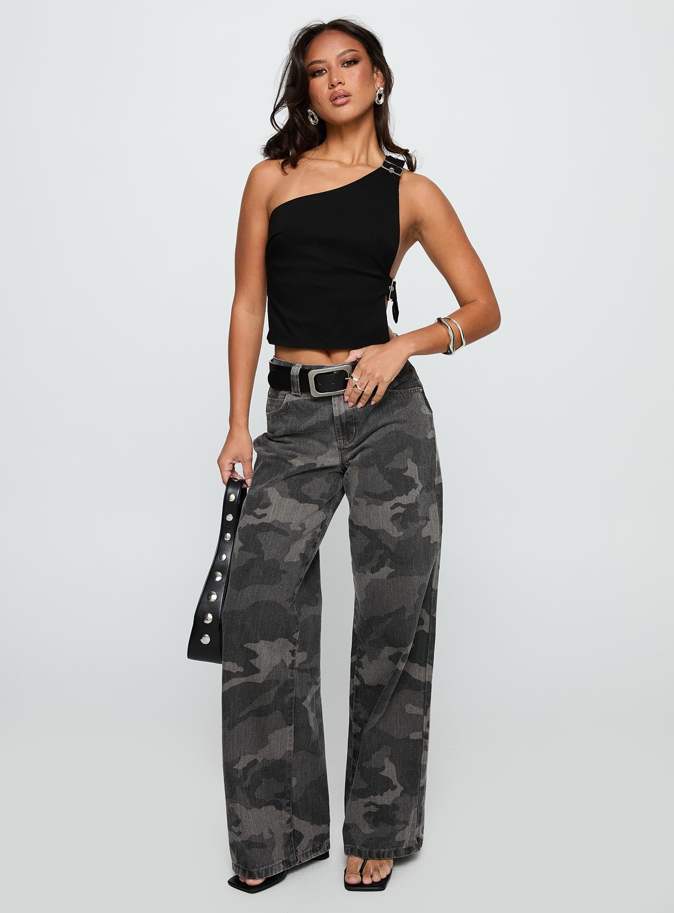 front view of model wearing Princess Polly Big Talk Mid Rise Straight Leg Jeans Grey Washed Camo Mid Rise Jeans Jeans 