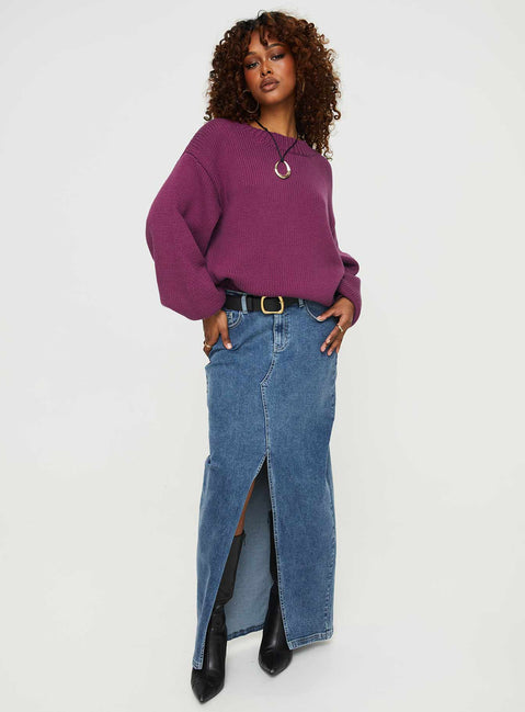 side view of model wearing Princess Polly Harmony Balloon Sleeve Knit Sweater Burgundy Jumpers 