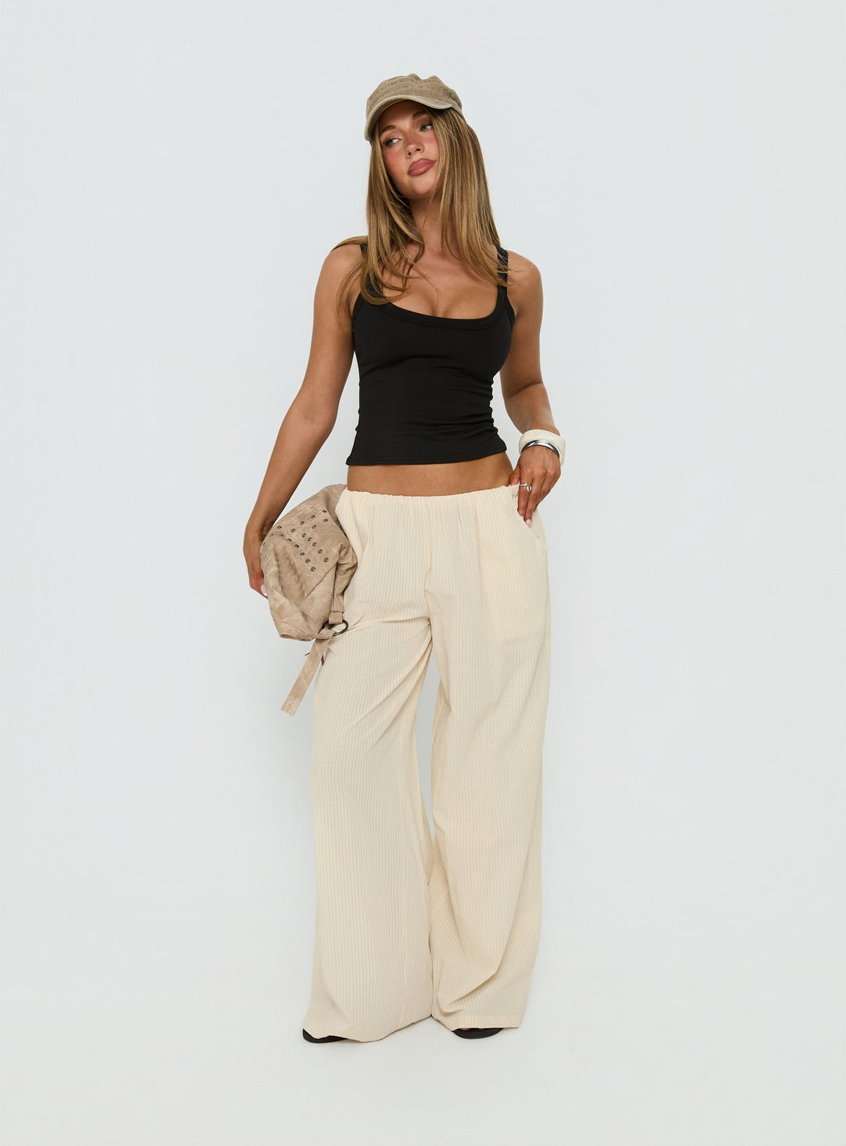 front view of model wearing Princess Polly Lunea Concealed Waistband Pants Beige Stripe Low Rise Pants Pants 