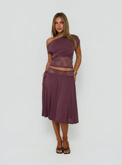 Showcasing the Marienna Lace Midi Skirt Plum in womens-skirts front view of model wearing Princess Polly