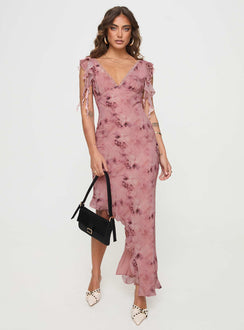 front view of model wearing Princess Polly Vestige Midi Dress Pink Plunger 