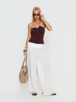 side view of model wearing Princess Polly Meda Bead Detail Ruched Bodysuit Brown Sleeveless 