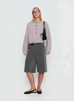 side view of model wearing Princess Polly Raynna Button Up Cardigan Pink / Grey Stripe Cropped Jumpers Jumpers 