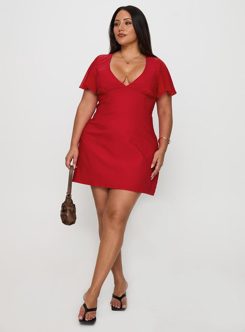 back view of model wearing Princess Polly Florie Corset Mini Dress Red Curve Plunger 